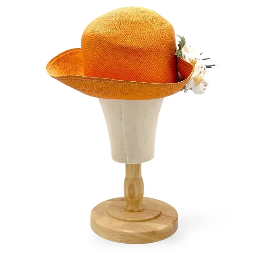 Vintage 1960s Madcaps Orange Straw Hat White Blossom Flower Pin Trim Wide Brim - Picture 9 of 16